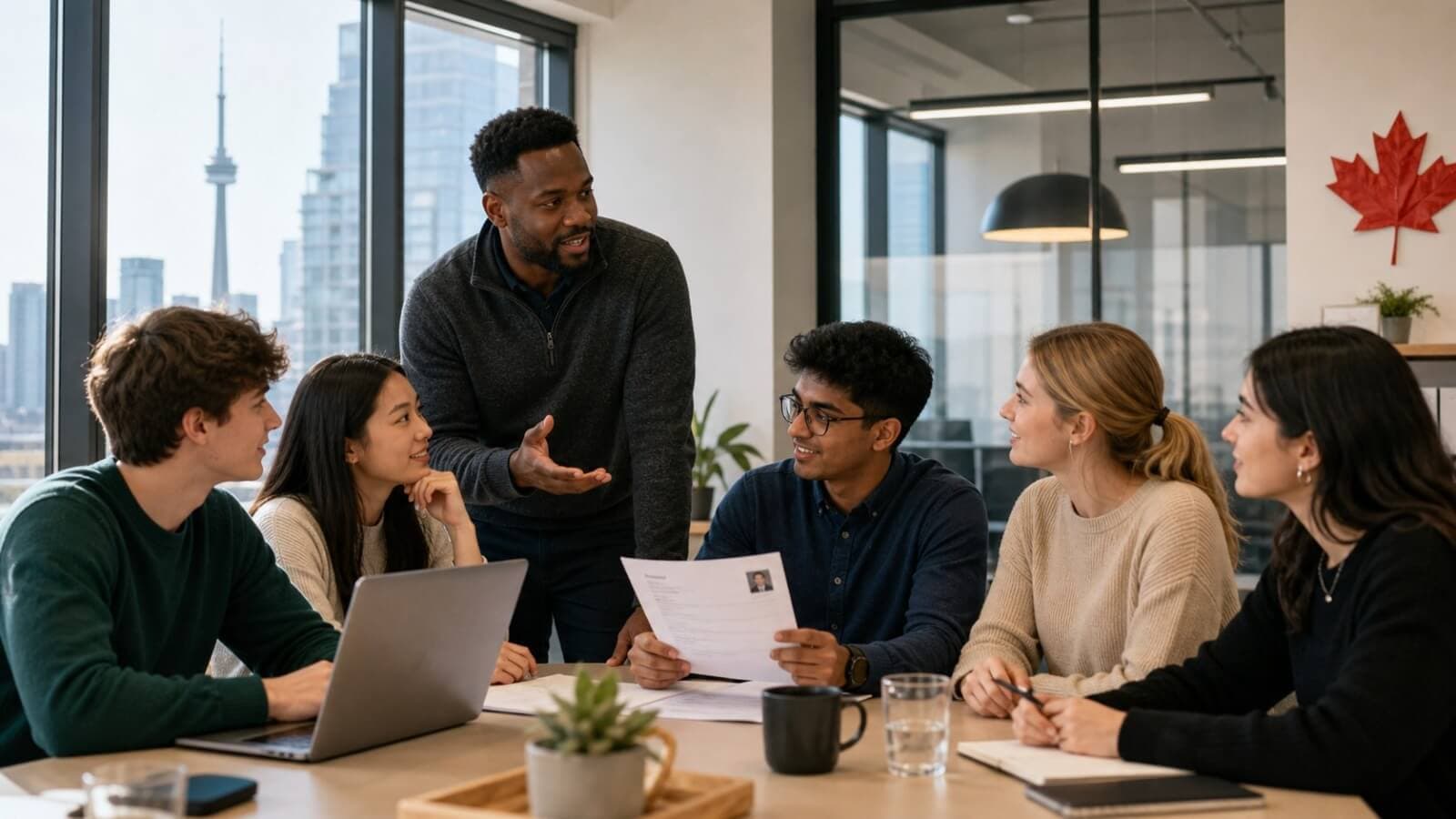Employer meeting with diverse Canadian youth in a professional workplace setting